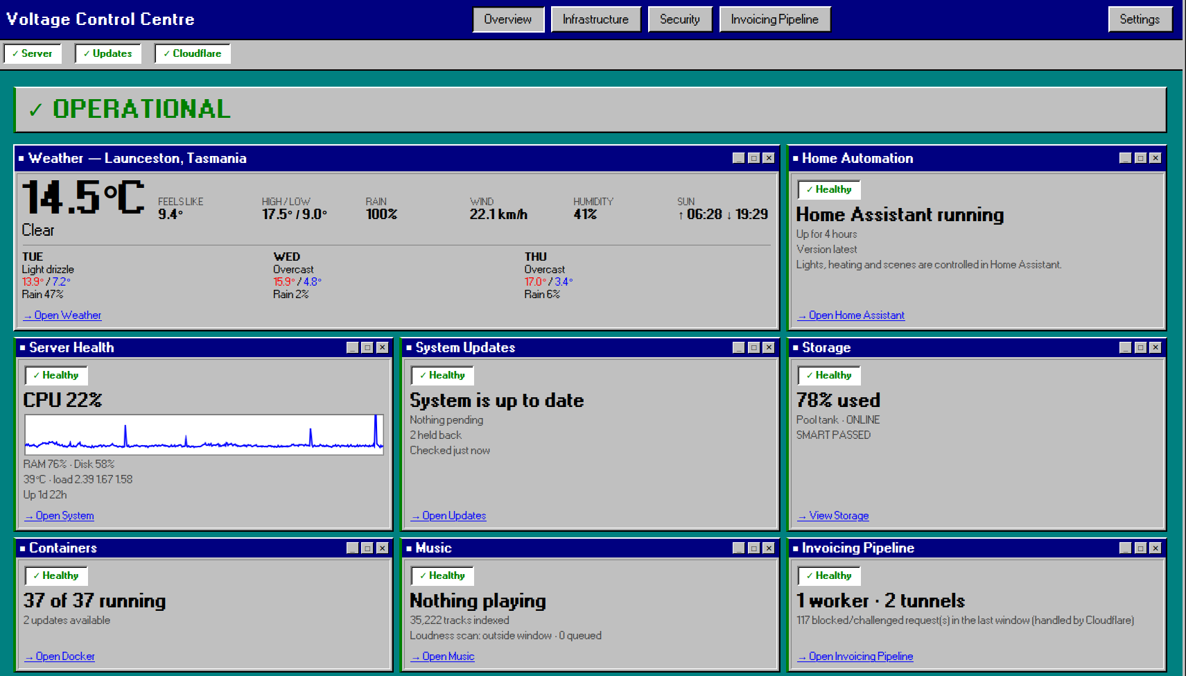 Voltage Control Centre overview showing server health, system update status, containers, storage, Home Assistant and music